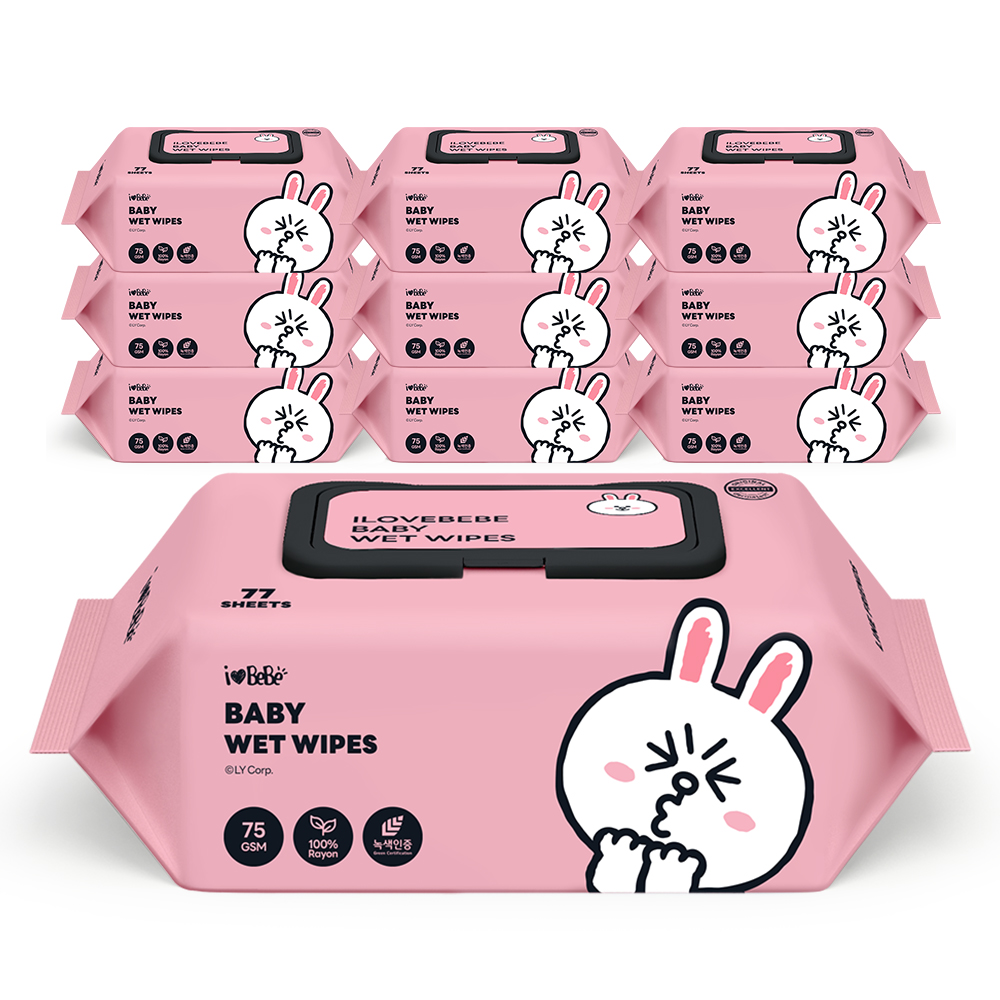 아이러브베베 라인프렌즈 브라운 생분해원단 77매 75g 10팩 캡형 아기물티슈