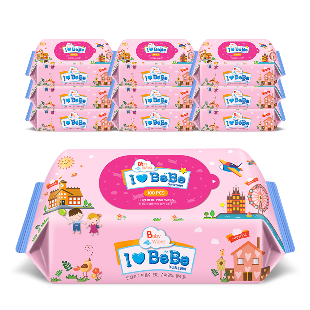 아이러브베베 아기물티슈 핑크 100매 리필형 10팩