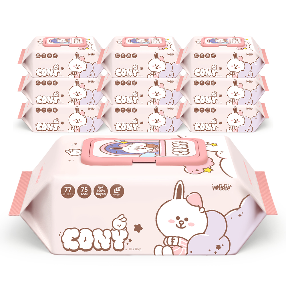 아이러브베베 라인프렌즈 브라운 생분해원단 77매 75g 10팩 캡형 아기물티슈