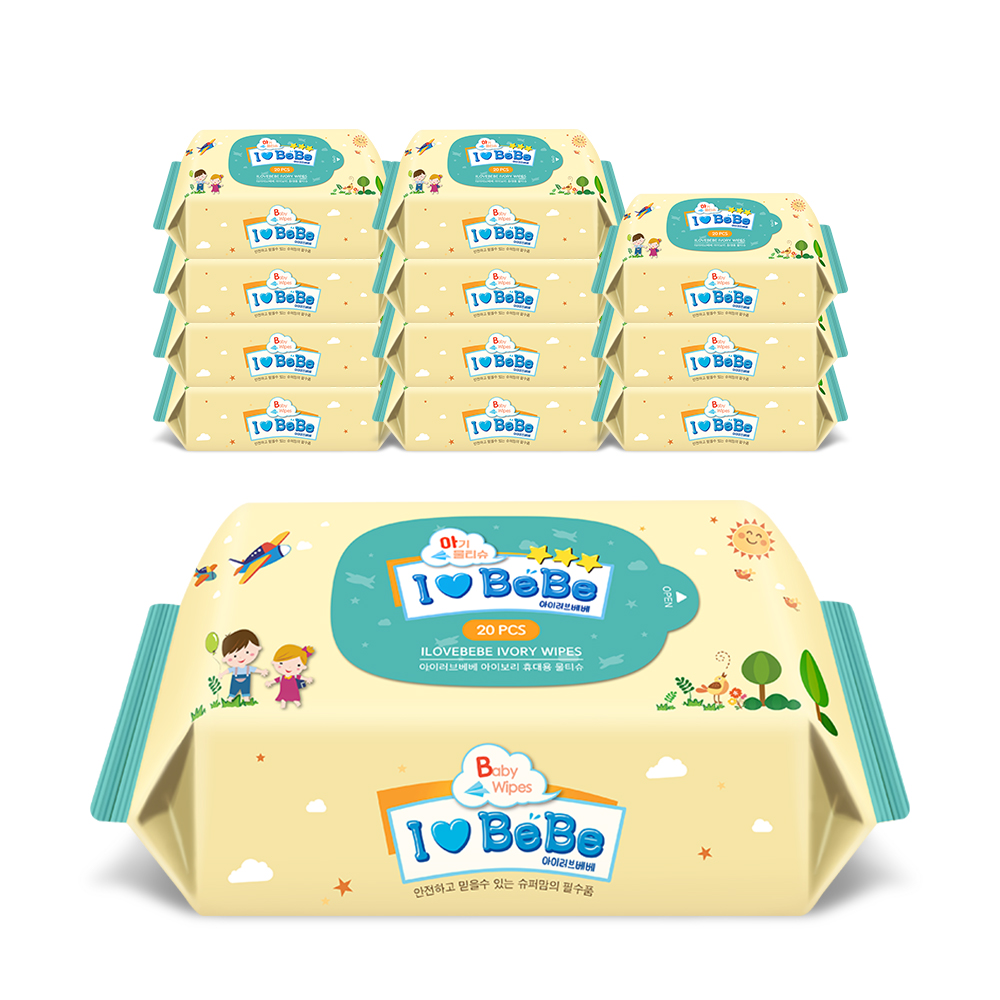 아이러브베베 아이보리 휴대용 아기물티슈 20매, 12개