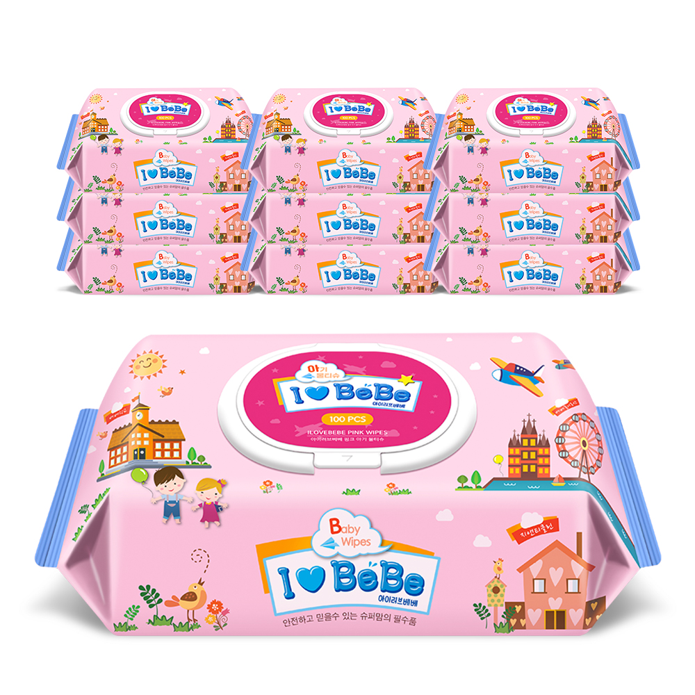 아이러브베베 핑크 캡형 아기물티슈 100매, 10개