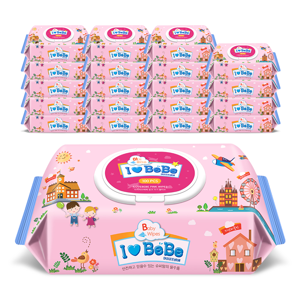 아이러브베베 핑크 캡형 아기물티슈 100매, 20개