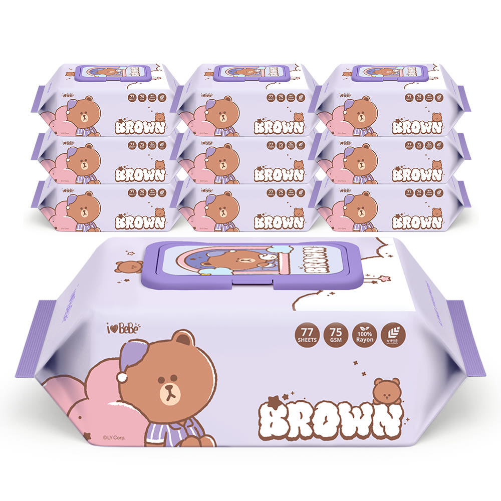 지앤티클린 아이러브베베 라인프렌즈 드림에디션 브라운 생분해원단 77매 75g 10팩 캡형 아기물티슈
