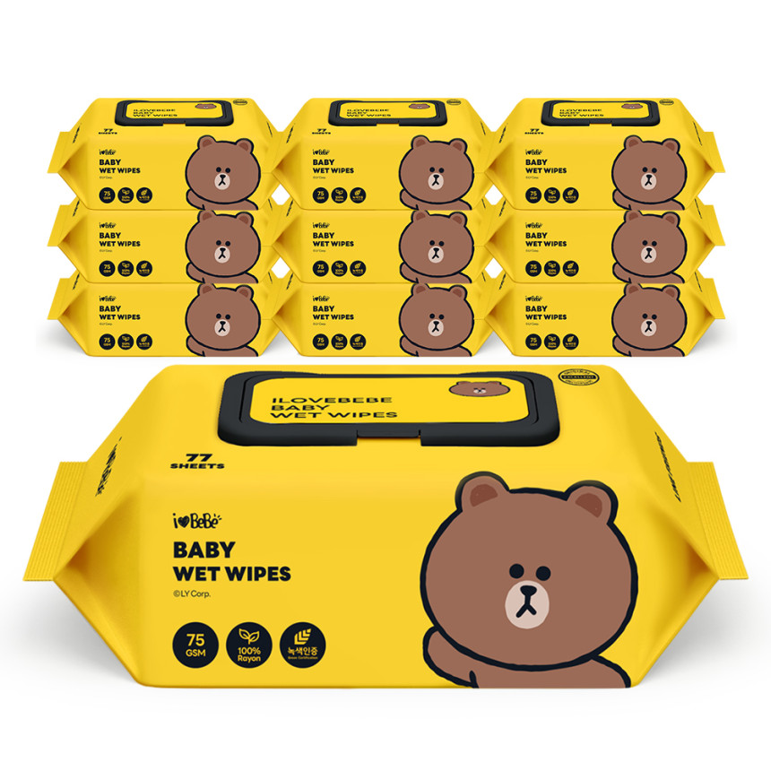 아이러브베베 라인프렌즈 드림에디션 브라운 생분해원단 77매 75g 10팩 캡형 아기물티슈 사진 4