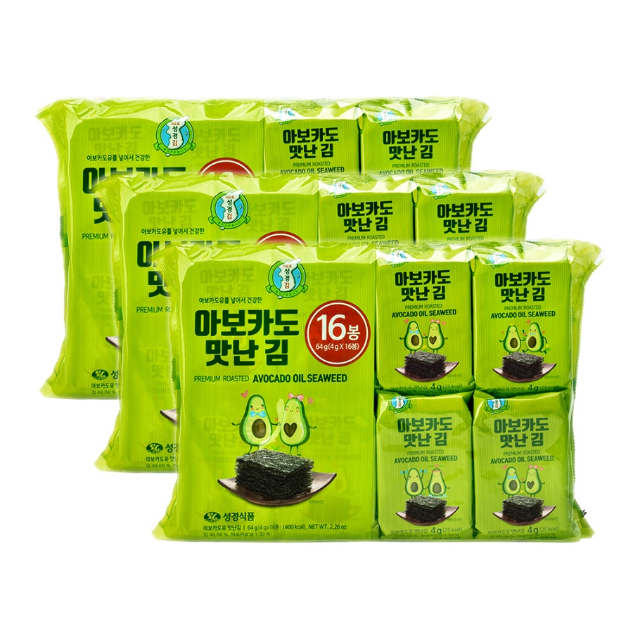 성경김 아보카도 도시락김 조미 식탁 맛있는 김 16봉 64g, 3개 이미지