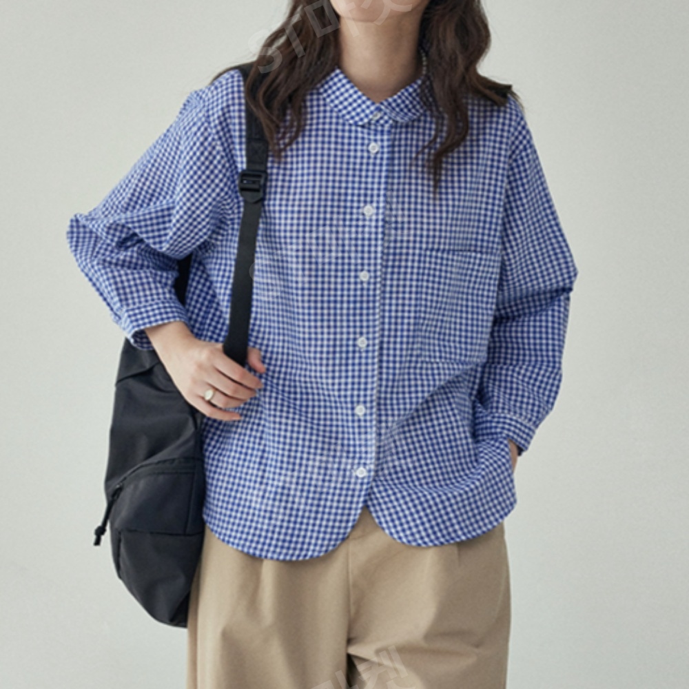 AMUU 폴로 셔츠 칼라 체크 남방 싱글 브레스트 긴팔 여성용 봄 신작 루즈 캐주얼 탑 - 상품 이미지