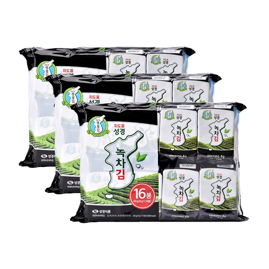 지도표성경김 녹차 식탁김 재래 조미 도시락 맛있는 김 16개입, 3개 - 상품 이미지
