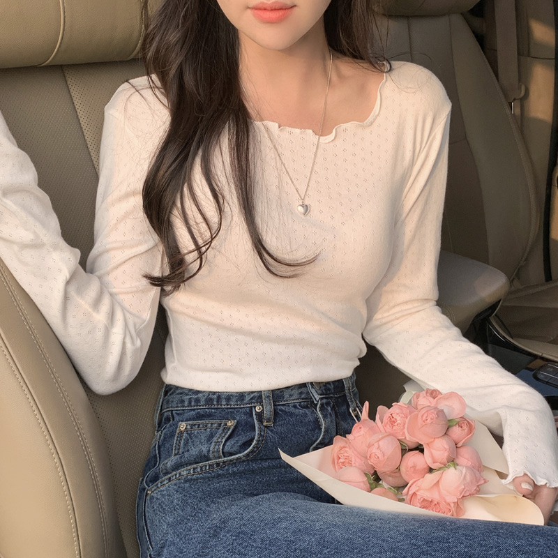 다이아 펀칭 프릴 여리핏 긴팔 티셔츠 ts4007 - 상세 이미지 2