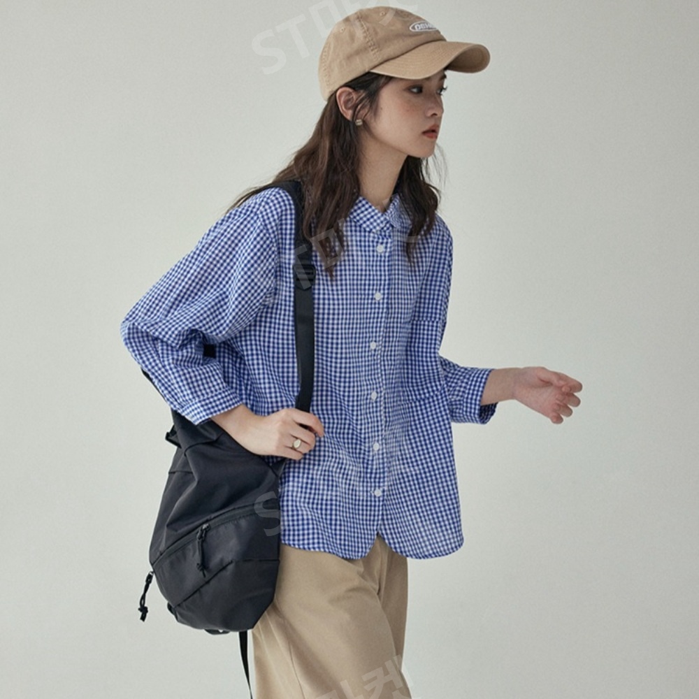 AMUU 폴로 셔츠 칼라 체크 남방 싱글 브레스트 긴팔 여성용 봄 신작 루즈 캐주얼 탑 - 상세 이미지 3