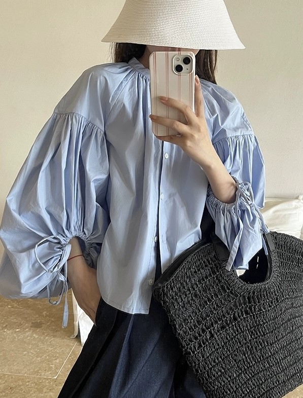 여자여자몰 우아 퐁퐁 스트랩 볼륨소매 코튼 셔츠블라우스 벌룬 화이트남방 올드머니룩 - 상세 이미지 3