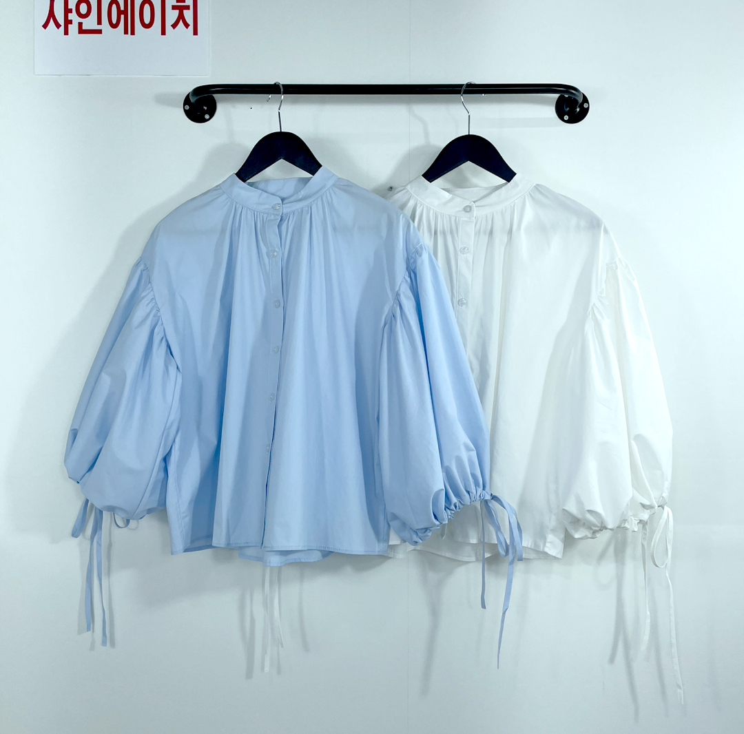 여자여자몰 우아 퐁퐁 스트랩 볼륨소매 코튼 셔츠블라우스 벌룬 화이트남방 올드머니룩 - 상세 이미지 5