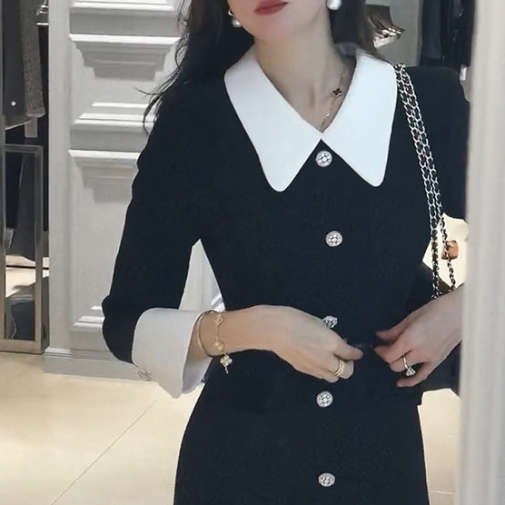 자체제작 여성 가을 긴팔 블랙 카라 큐빅 상견례 돌잔치 정장 하객원피스 - 상세 이미지 2