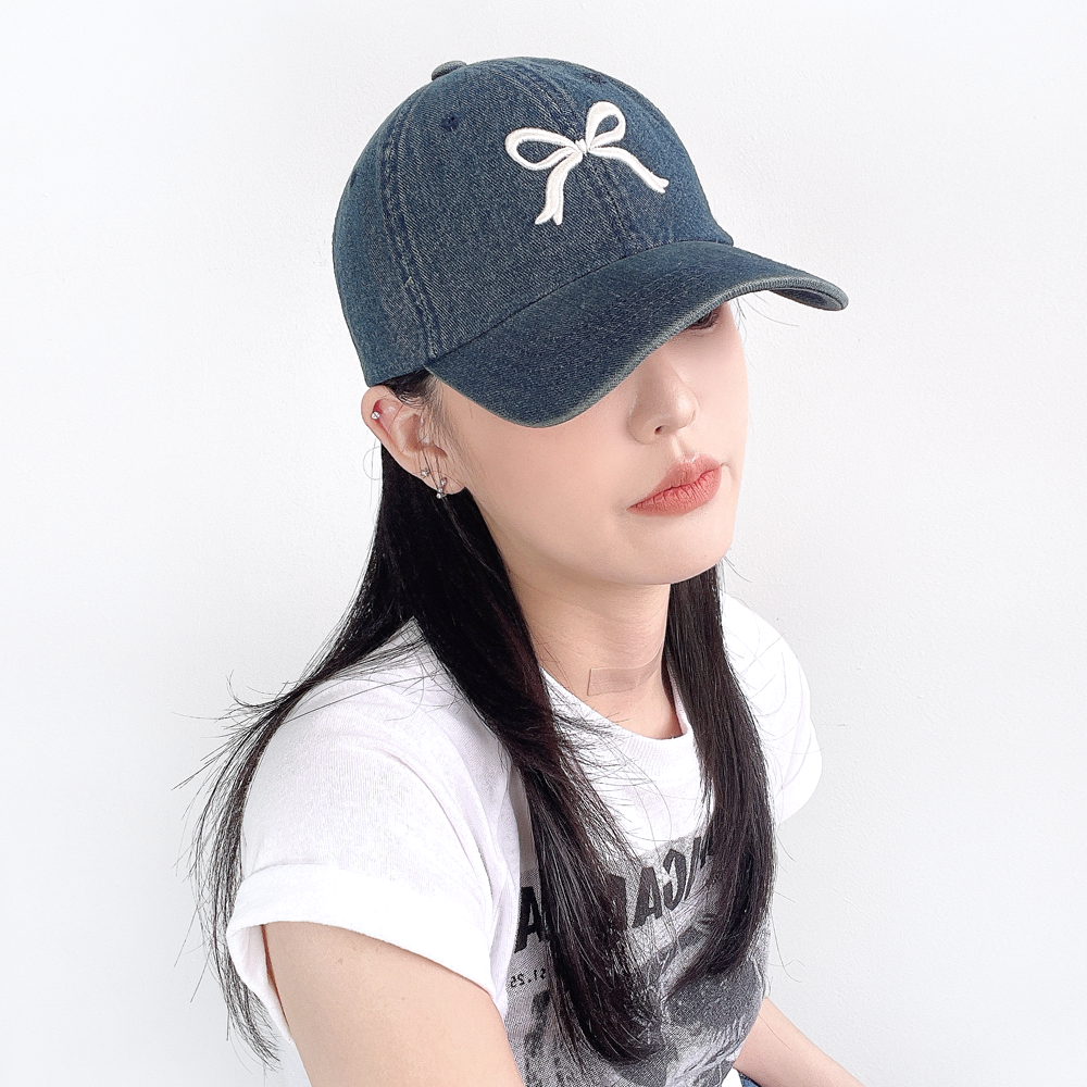 럽 리본 데님 빈티지 워싱 여성 야구 볼캡 모자