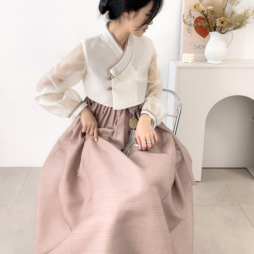 민한복 59번 베이에사 생활한복 드레스 원피스 일상 퓨전 철릭 허리치마 개량 여성 신부 이미지 4