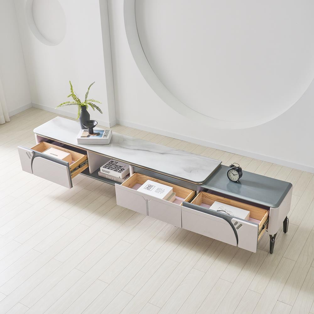 [방문설치] 알라딘 아트글라스 강화유리 확장형 거실장 2500x340x450mm, 실버