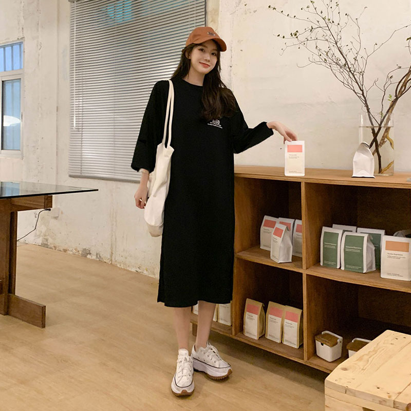 A라인 원피스 레터링 긴팔 롱원피스 휴양지룩 - 상품 이미지