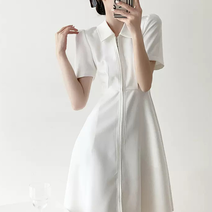 러블리해라 여성 봄 화이트 카라 미디 A라인 플레어 피케원피스 - 상세 이미지 3