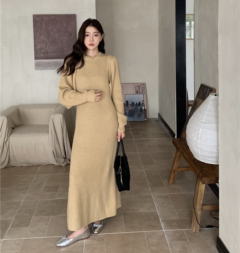 리쥬메 라운드넥 니트 슬리브리스 퍼프 볼레로 가디건 투피스 세트 일자 플레어 롱 원피스 - 상품 이미지