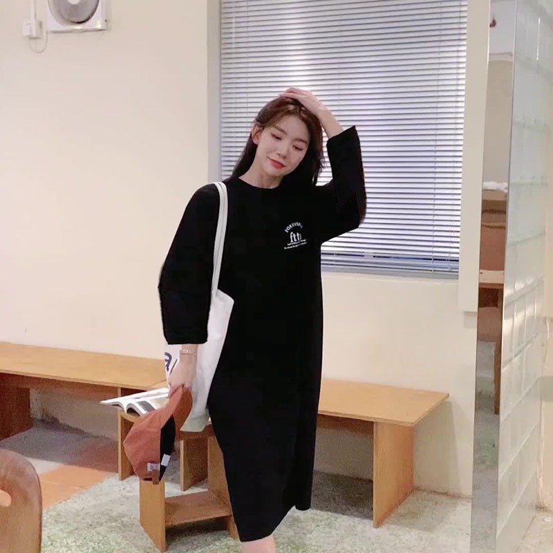 A라인 원피스 레터링 긴팔 롱원피스 휴양지룩 - 상세 이미지 4