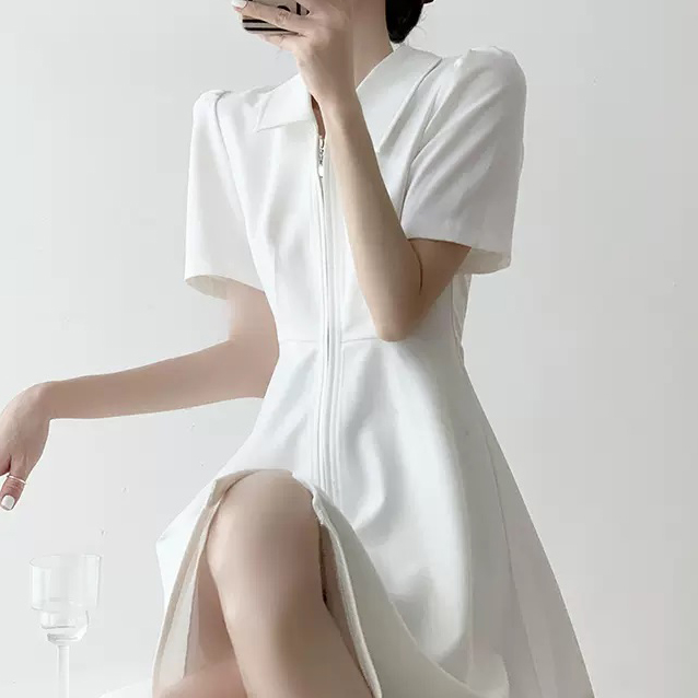 러블리해라 여성 봄 화이트 카라 미디 A라인 플레어 피케원피스 - 상세 이미지 5