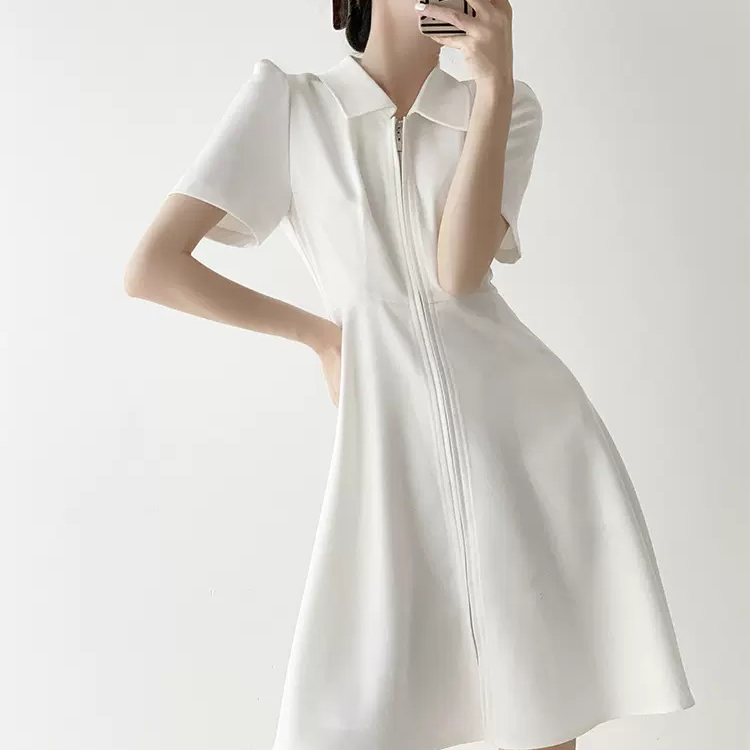 러블리해라 여성 봄 화이트 카라 미디 A라인 플레어 피케원피스 - 상세 이미지 4