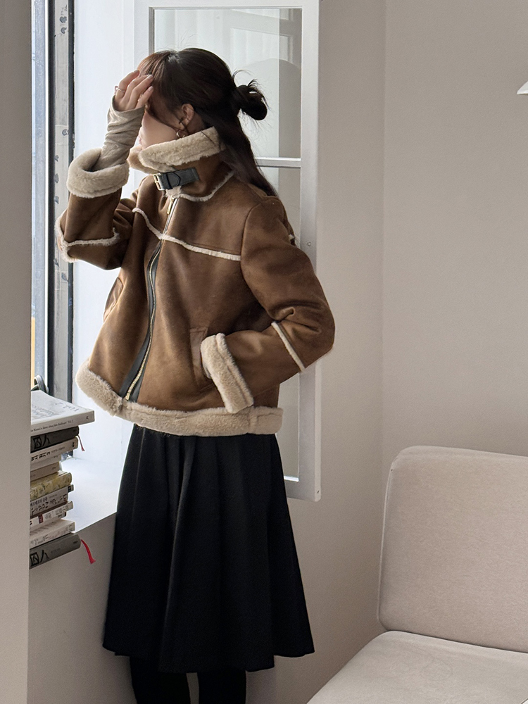 고급 빈티지 레더 하이넥 무스탕 여자 자켓 겨울 여성 가죽 재킷 밍크 페이크 에코퍼 자켓 이미지 8