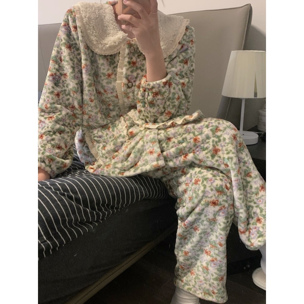 플라워 패턴 잠옷 패션 플란넬 양털 카라 꽃무늬 파자마 세트 빅사이즈 7XL - 상품 이미지