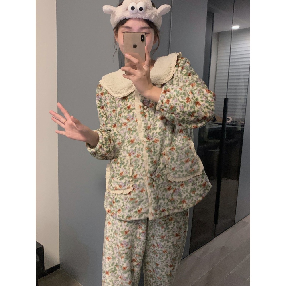 플라워 패턴 잠옷 패션 플란넬 양털 카라 꽃무늬 파자마 세트 빅사이즈 7XL - 상세 이미지 5