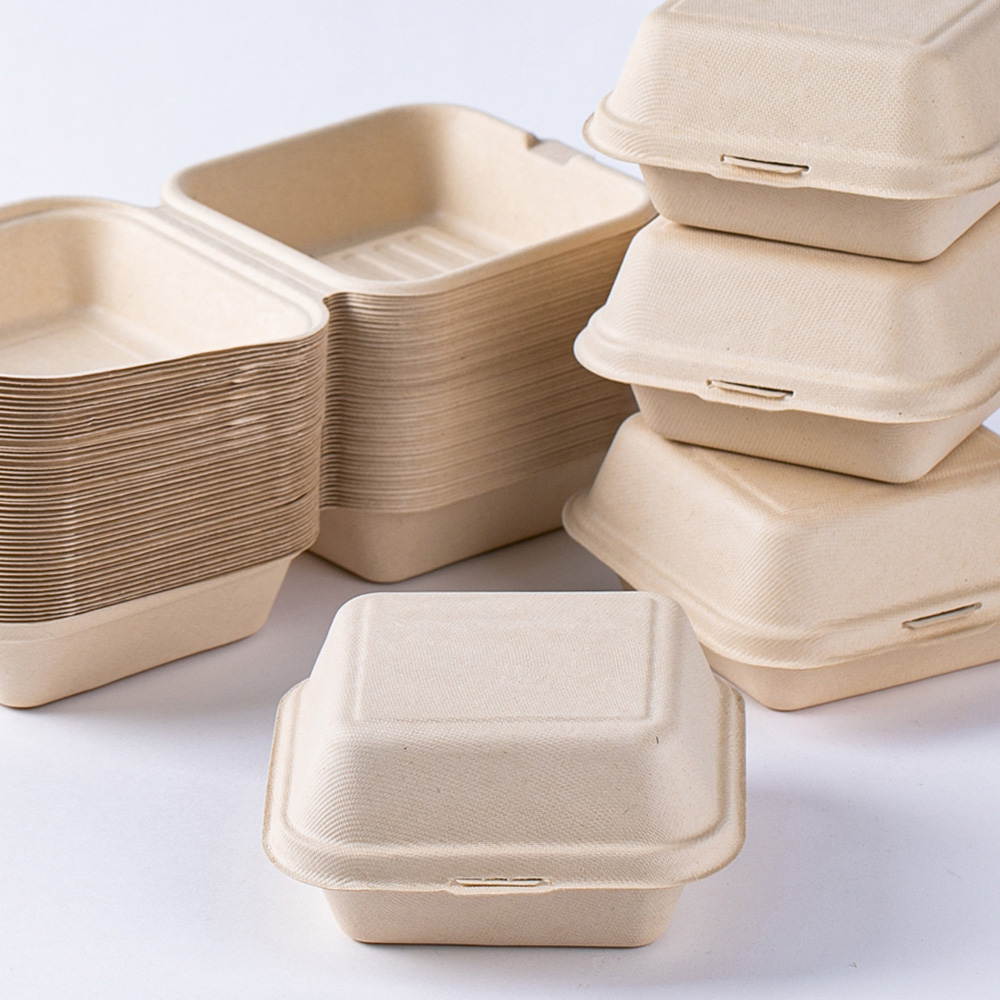 Q 고급 펄프용기 일회용 펄프도시락 사각 햄버거 김밥 샐러드 데미아 50개입 (베이지） - 상품 이미지