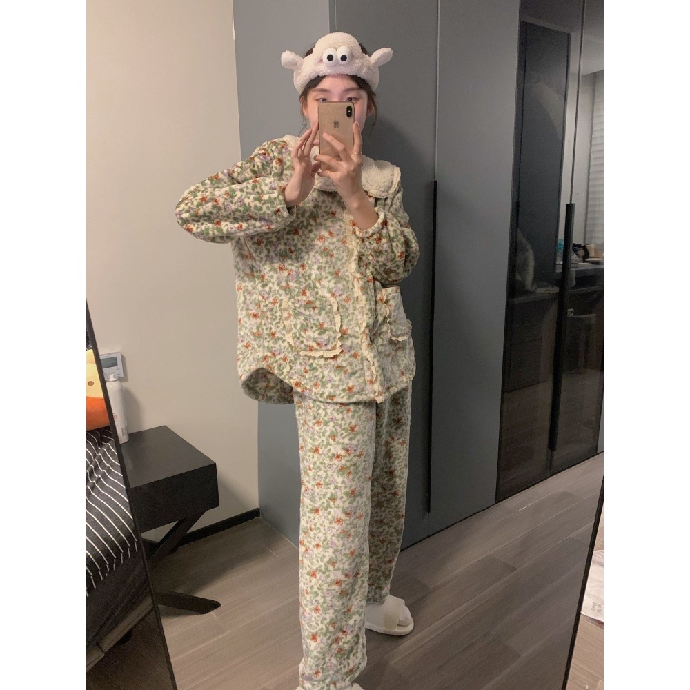 플라워 패턴 잠옷 패션 플란넬 양털 카라 꽃무늬 파자마 세트 빅사이즈 7XL - 상세 이미지 4
