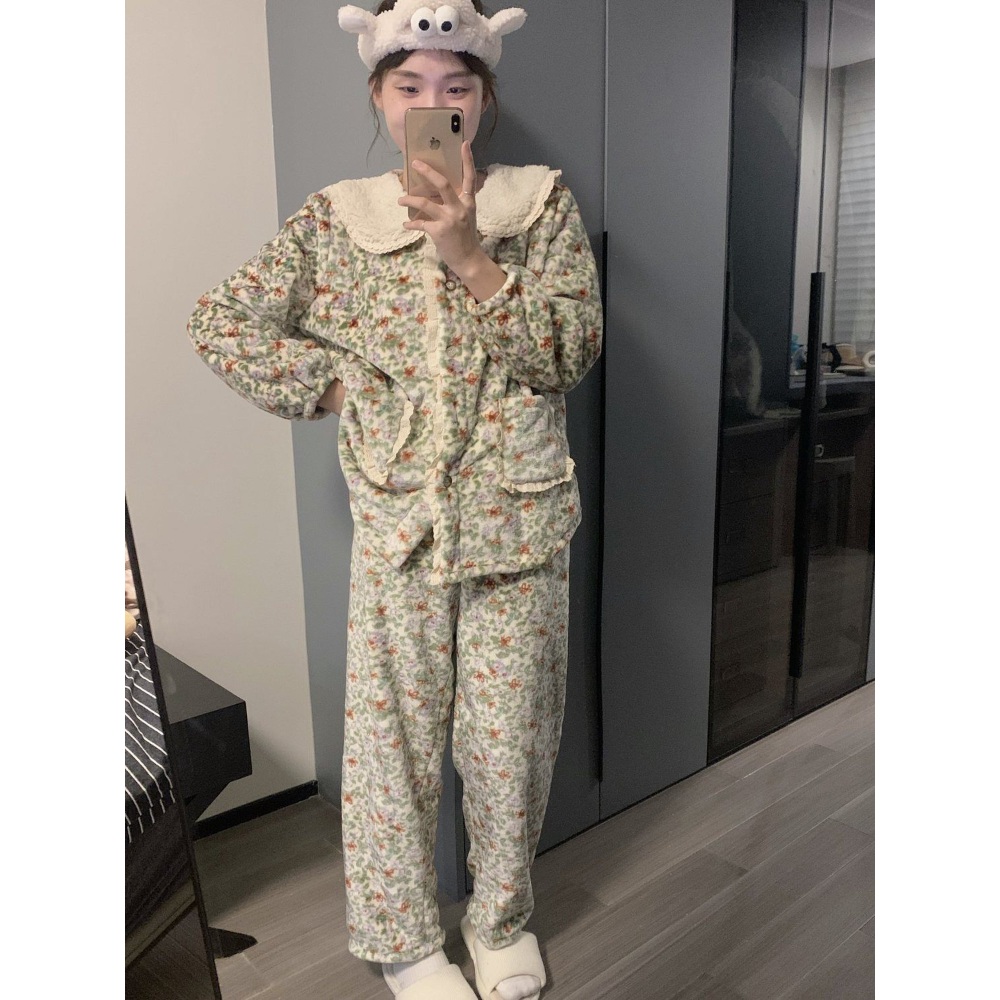 플라워 패턴 잠옷 패션 플란넬 양털 카라 꽃무늬 파자마 세트 빅사이즈 7XL - 상세 이미지 2