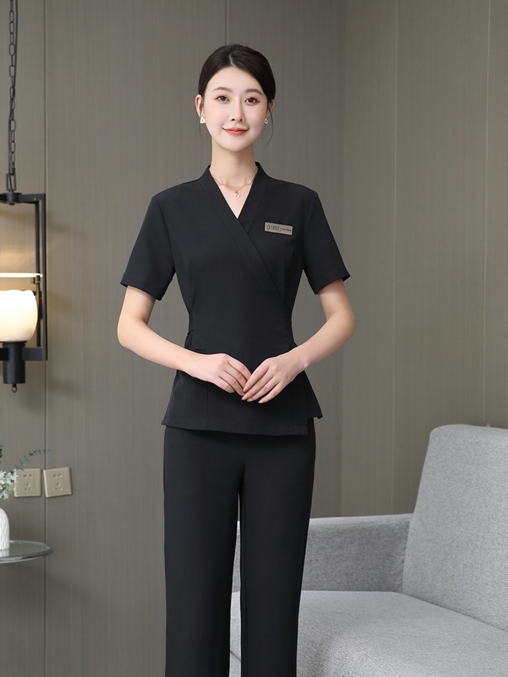 빅사이즈 뷰티샵 유니폼 고급 상하의 세트 미용 스파 피부관리사 원무과 4XL까지 3컬러 - 상세 이미지 3