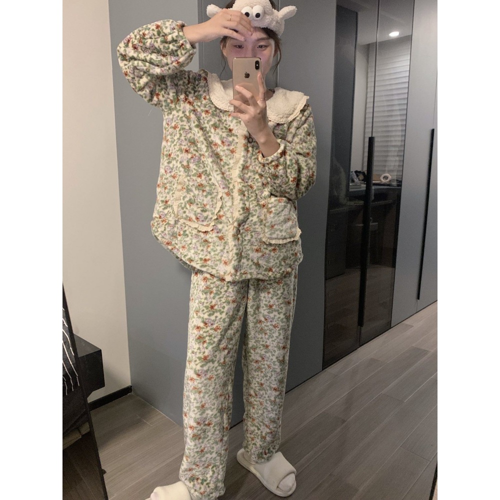 플라워 패턴 잠옷 패션 플란넬 양털 카라 꽃무늬 파자마 세트 빅사이즈 7XL - 상세 이미지 3