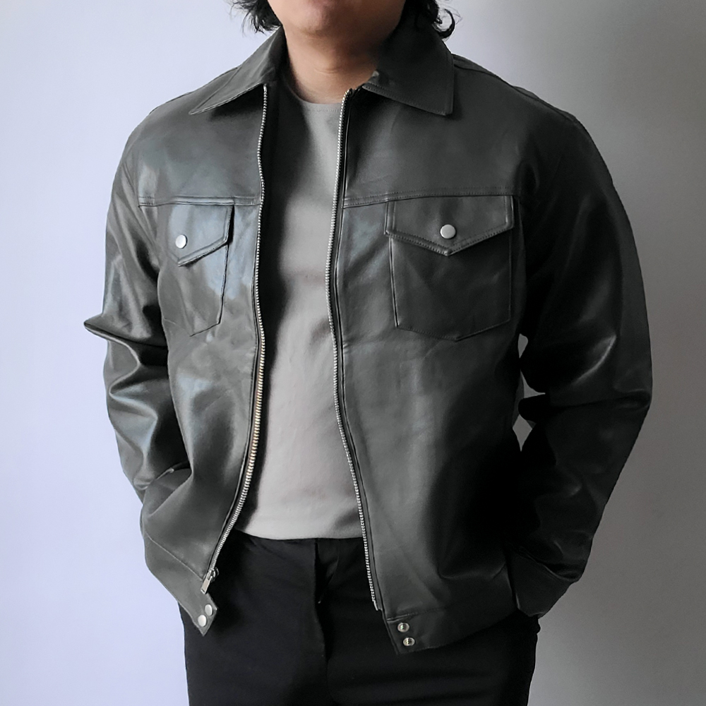 남자 가죽 레더 봄 워크 자켓 - 상세 이미지 5