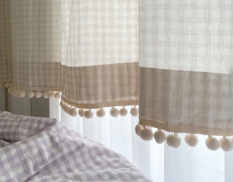 바이아미 멜란 체크 폼폼 커튼-오트밀 아이방 여아 남아