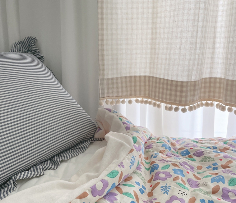 바이아미 멜란 체크 폼폼 커튼-오트밀 아이방 여아 남아