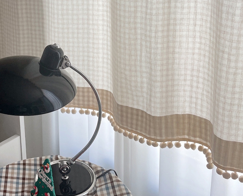 바이아미 멜란 체크 폼폼 커튼-오트밀 아이방 여아 남아