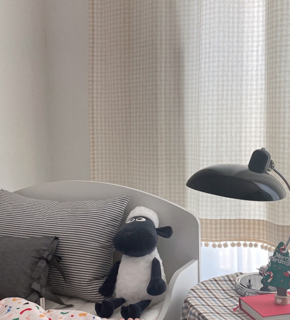 바이아미 멜란 체크 폼폼 커튼-오트밀 아이방 여아 남아