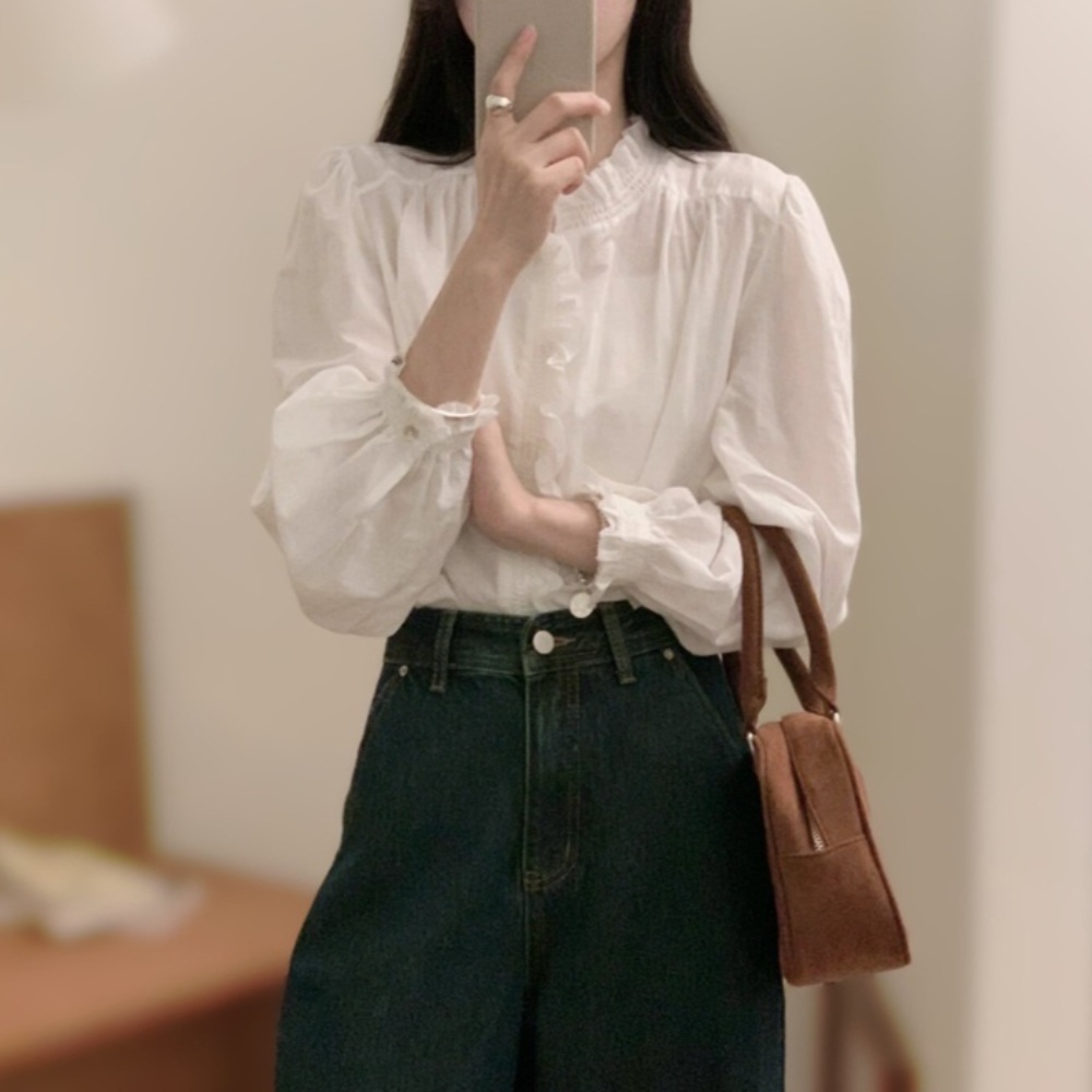 프릴 카라 블라우스 화이트 셔츠 레트로 복고풍 느낌 감성 디자인 - 상품 이미지