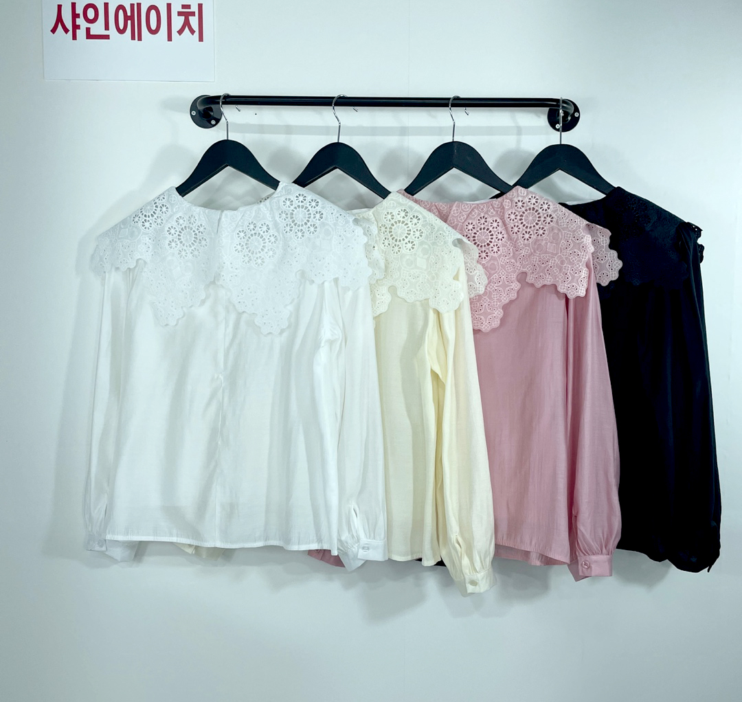 여자여자몰 봄 꽃잎펀칭 빅카라 긴팔블라우스 실켓 유니크블라우스 자수 - 상세 이미지 4