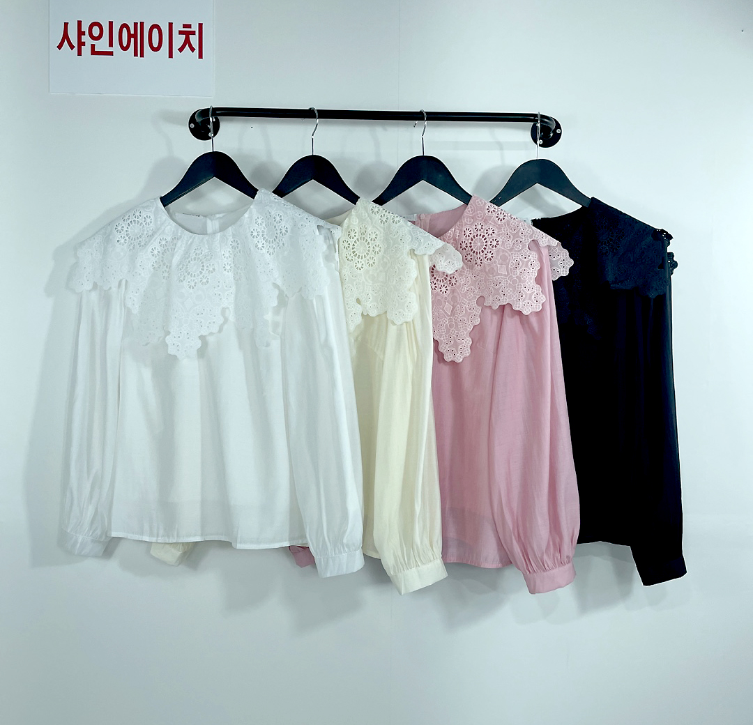 여자여자몰 봄 꽃잎펀칭 빅카라 긴팔블라우스 실켓 유니크블라우스 자수 - 상세 이미지 3