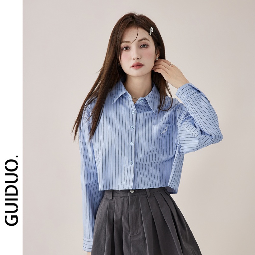 크롭 스트라이프 셔츠 루즈핏 블라우스 연예인 패션 코디 예쁜 디자인 - 상세 이미지 2