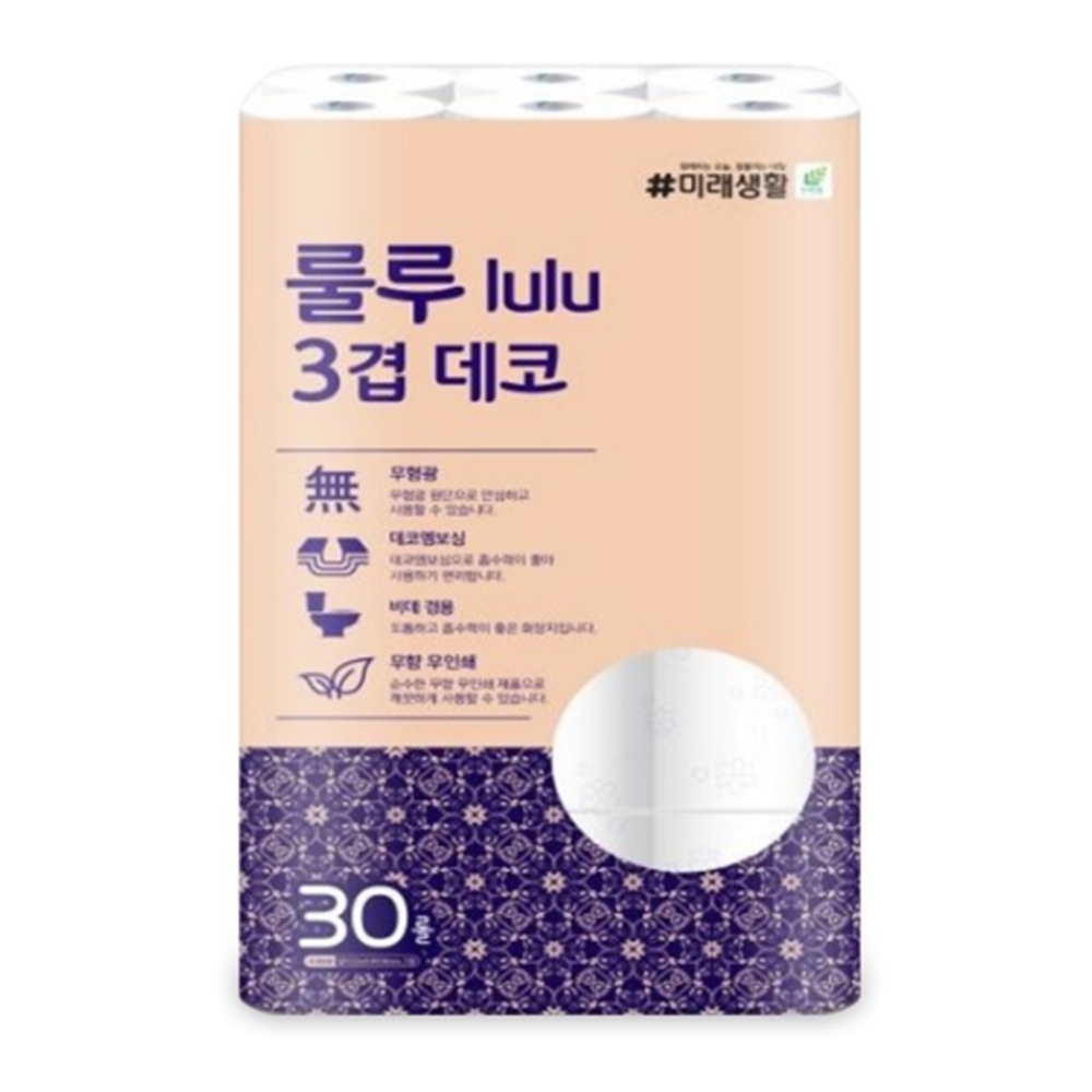 lulu화장지 두루마리휴지 롤티슈 룰루미래생활 3겹 30롤 2팩 - 상세 이미지 4