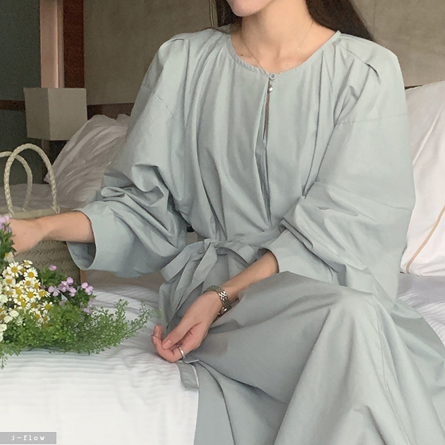 에버 오버핏 핀턱주름 허리끈 맥시 롱원피스 2col 봄 가을 코튼 벌룬 바스락 제이플로우 - 상세 이미지 5