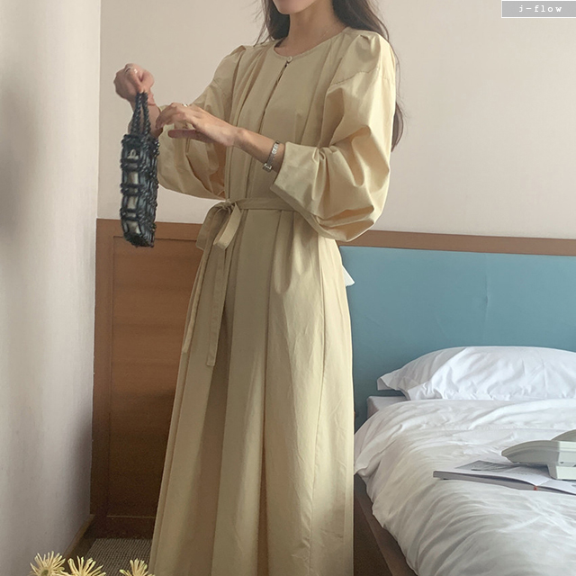 에버 오버핏 핀턱주름 허리끈 맥시 롱원피스 2col 봄 가을 코튼 벌룬 바스락 제이플로우 - 상세 이미지 2