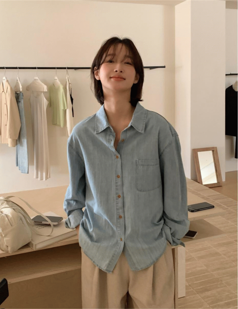 베농 라이트블루 긴팔 데님셔츠 포켓 청 남방 - 메인 이미지