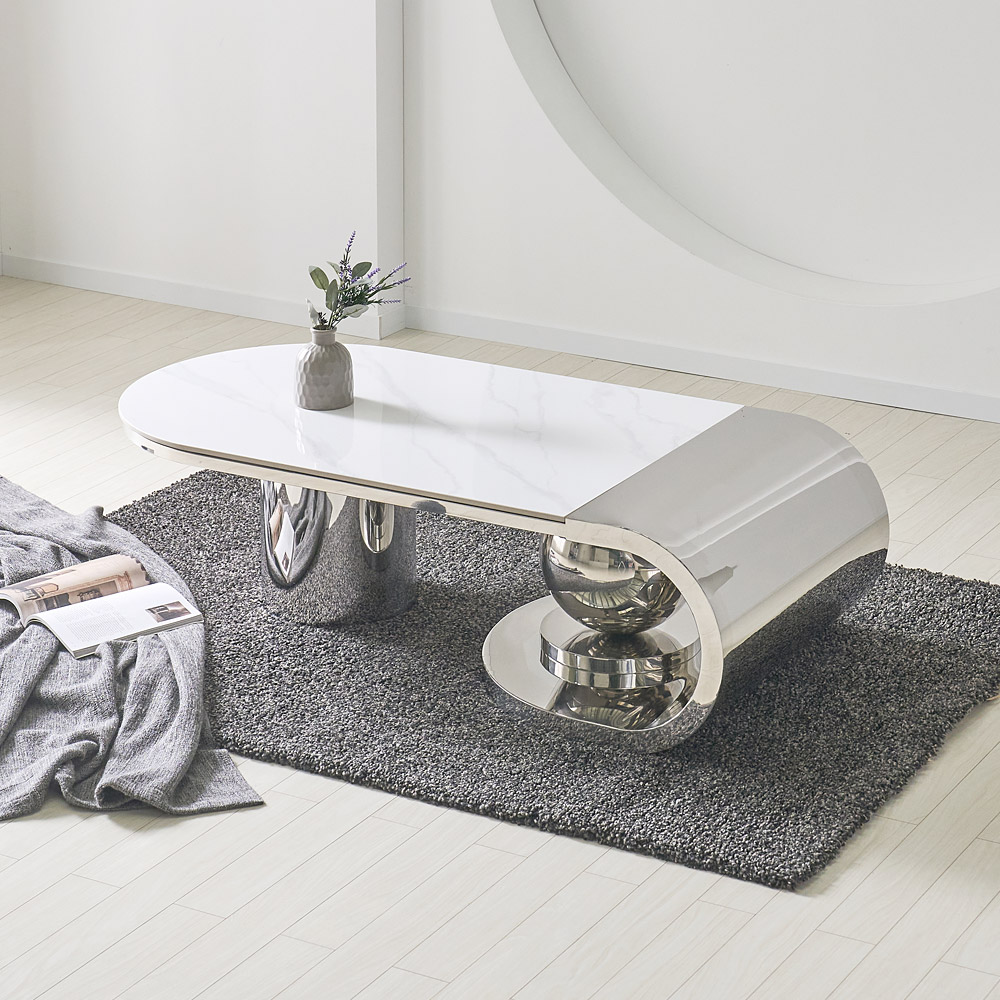 [방문설치] 아르누보 필레 세라믹 스테인레스 소파테이블 거실테이블 좌탁 1450x700mm, 실버