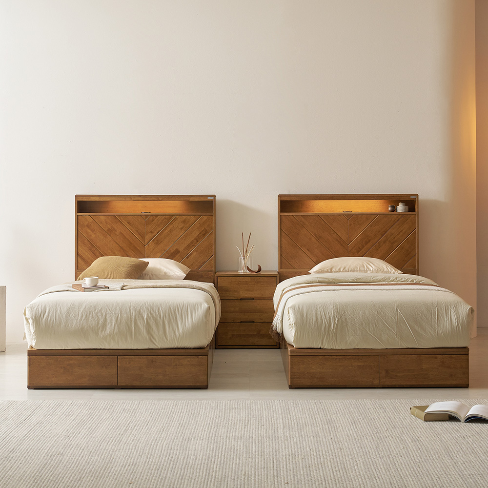 모브 조명 헤링본 원목 침대 프레임 다리형 퀸 킹 사이즈 Q/K공용