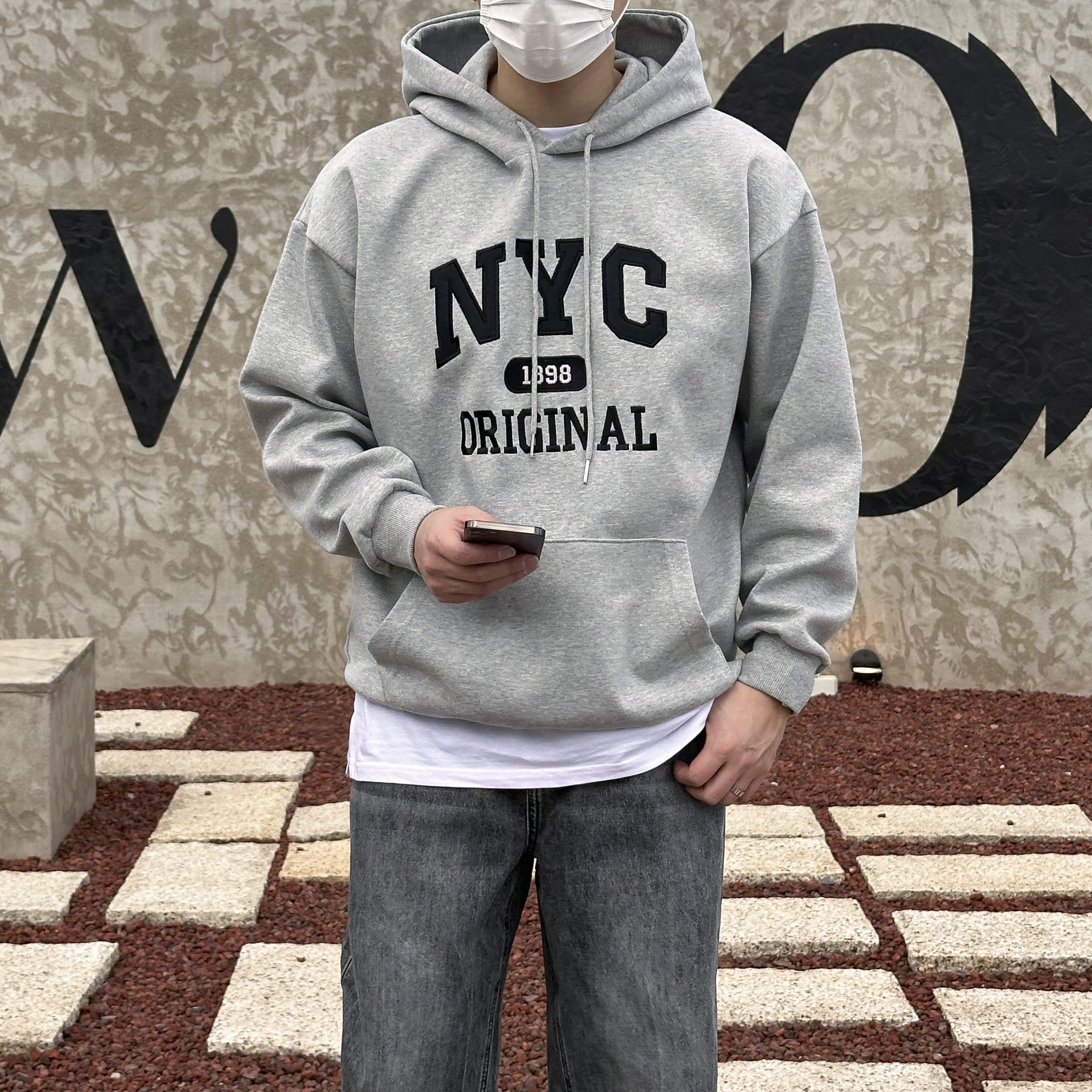 1898 NYC 탄탄 오버핏 후드티 자수 레터링 후드 티셔츠 4color - 상품 이미지