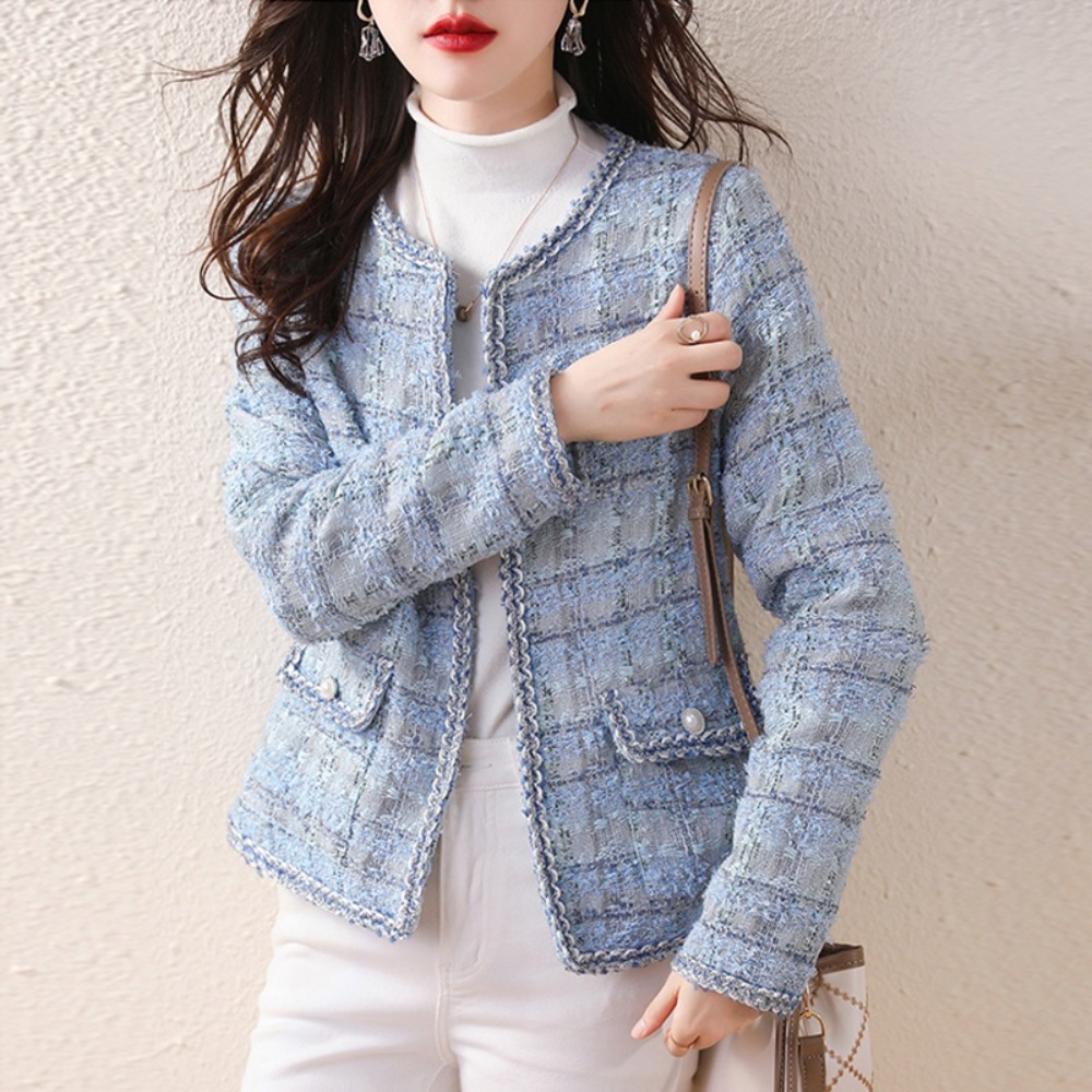하늘색 노카라 트위드자켓 고급 여자 연예인 패션 코디 프렌치 감성 상견례 소개팅 간절기 - 상세 이미지 3